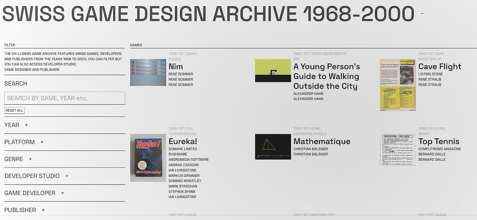 Screenshot Swiss Game Design Archive 1968 – 2000.